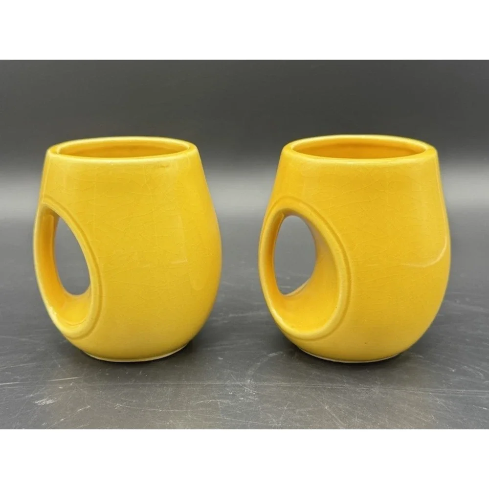 Vintage Bright Yellow Ceramic Tea Cups Set Of 8 MCM Japan Circular Handle 6-7 Oz